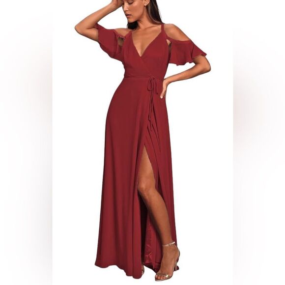 Aakaa Red Open Shoulder Back Neck Tassel Tie Maxi Wrap Dress Sz L - Picture 14 of 14